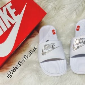 Womens Custom Slides Swarovski crystal Nike White Slides